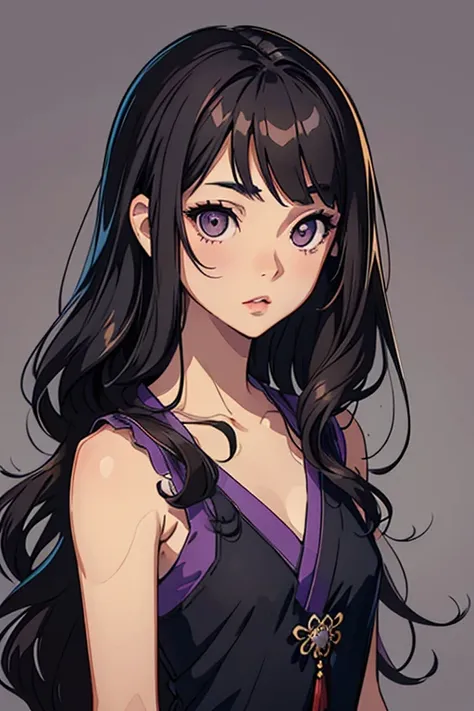 Detailed art, art sketch, sketch drawing, girl with Brazilian and Asian features, Japanese-like eyes, small and elegant lips, wavy hair with long bangs that extend a little past her light brown shoulders, deep gray eyes, makeup soft in purple and black eye...