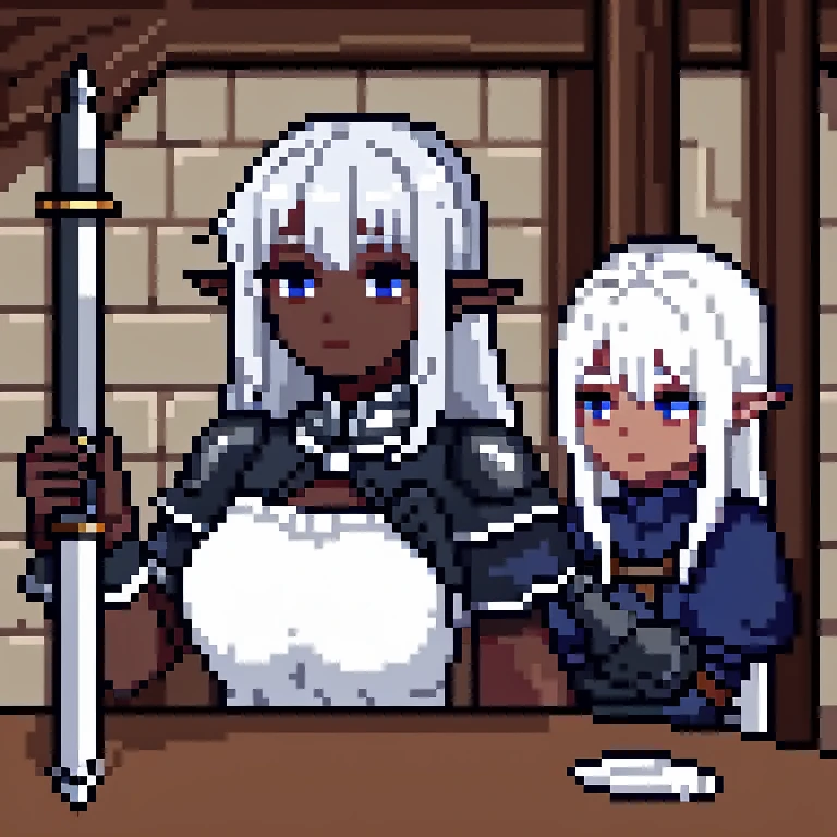 Dark Elf fantasy warrior with white hair dark skin cleaning her sword on a table in a medieval tavern,Mejor calidad