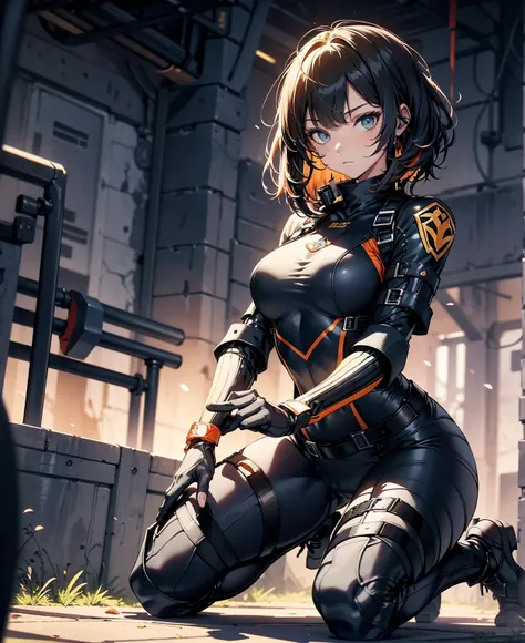 best quality，T Masterpiece，ultimate resolution，fluff，very colorful，colorful，female combatant，（kneeling pose）（pointing at you with his butt）mature woman，Black Super Short Hair，tight combat uniform，tight suit，Steel City Background，night，normal posture，normal...