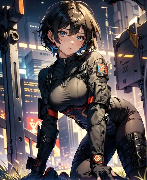 best quality，T Masterpiece，ultimate resolution，fluff，very colorful，colorful，female combatant，（Kneeling Pose）（pointing at you with his butt）mature woman，Black Super Short Hair，tight combat uniform，tight suit，Steel City Background，the night，normal posture，no...