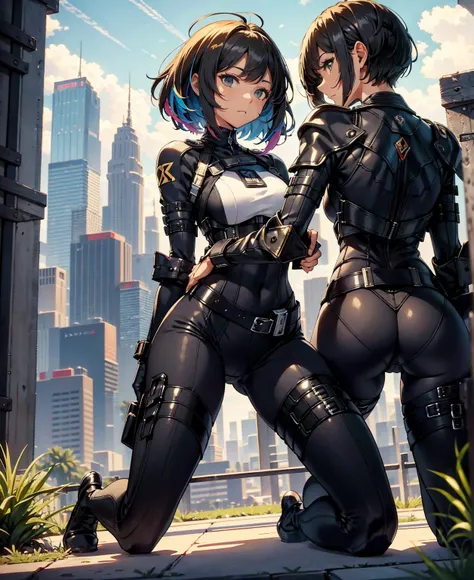 best quality，T Masterpiece，ultimate resolution，fluff，very colorful，colorful，female combatant，（Kneeling Pose）（pointing at you with his butt）mature woman，Black Super Short Hair，tight combat uniform，tight suit，Steel City Background，the night，normal posture，no...