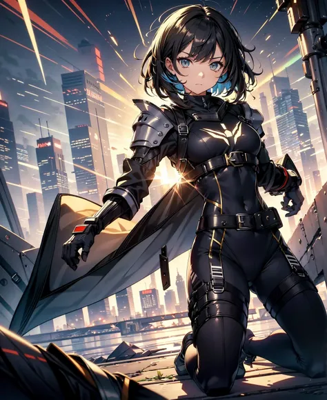 best quality，T Masterpiece，ultimate resolution，fluff，very colorful，colorful，female combatant，（Kneeling Pose）（pointing at you with his butt）mature woman，Black Super Short Hair，tight combat uniform，tight suit，Steel City Background，the night，normal posture，no...