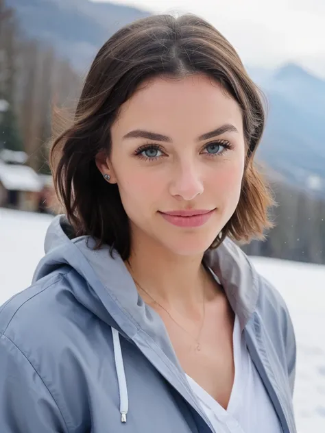 Belle brune aux reflets blonds portant une tenue de ski, dans la montagne, fond enneigé, fond de montagnes, très détaillé, 22 ans, , , visage innocent, cheveux ondulés naturels, yeux bleus, haute résolution, chef-d&#39;œuvre, meilleure qualité, détails com...