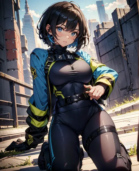 best quality，T Masterpiece，ultimate resolution，fluff，very colorful，colorful，female combatant，（kneeling pose）（pointing at you with his butt）18 year old girl，navy blue super short hair，Tight navy and black combat uniform，cute、tight suit，Steel City Background...