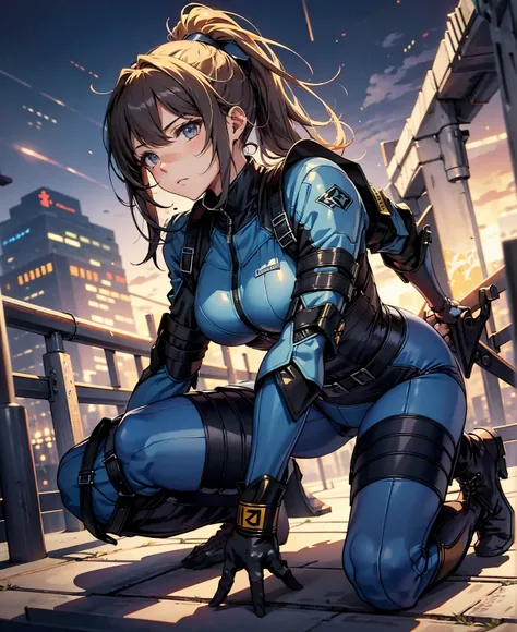 highest quality，T Masterpiece，final solution，Fluffy，非常にcolorful，colorful，female combatant，（kneeling pose）（pointing at your ass）mature woman，dark blue high knot ponytail、tight combat uniform，tight suit，steel city background，night，normal posture，normal postu...