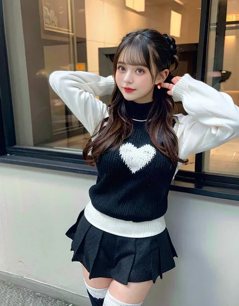 ((highest quality)), ((masterpiece)), (be familiar with), perfect face，Beauty，Black knitted clothes，white mini skirt，knee high socks，short boots，medium breasts，Big eyes，hands behind head，wink，Heart-shaped hole on the chest of the clothes，two arms，two legs，...