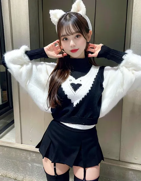 ((highest quality)), ((masterpiece)), (be familiar with), perfect face，Beauty，Black knitted clothes，white mini skirt，knee high socks，short boots，medium breasts，Big eyes，hands behind head，wink，Heart-shaped hole on the chest of the clothes，two arms，two legs，...