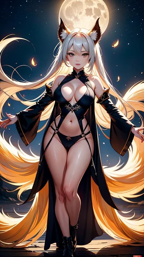 Female nine-tailed fox demon，whole body，Breasts are super big，moonlight background，ios deep scene，Pubic slit