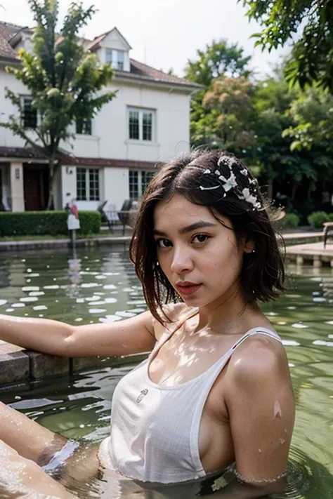 Leonardo ai, a Thai woman, beautiful face, prominent nose, eyes that are suitable for the face. beautiful red lips Wear a white t-shirt and underwear. Bathing in the canal in front of the house It is a very beautiful picture. A beautiful, realistic woman w...