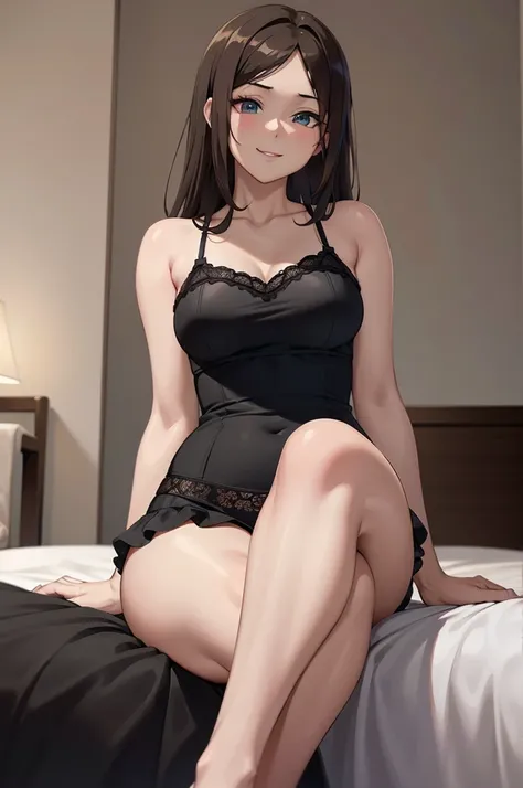 one Rebecca wearing black lingerie, mature woman, sitting on bed, dangling her feet off the edge, long light brown hair, blue eyes, large , naughty smile, pretty feet, [ 4 k digital art ]!!, seductive anime girl, deviantart artstation cgscosiety, trending ...