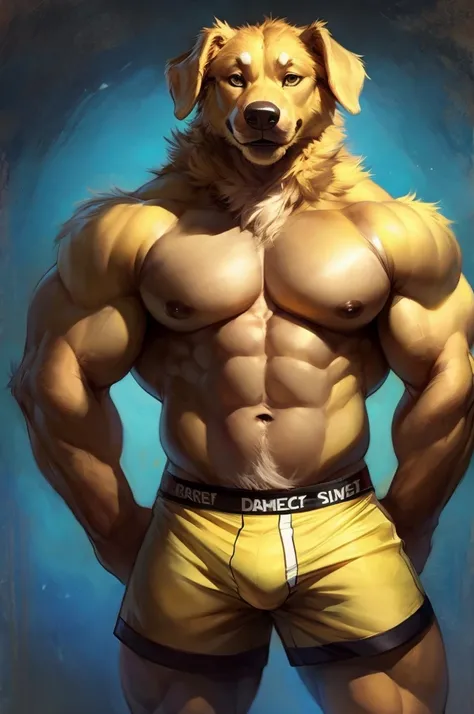 Solo, Furry, Anthro, Golden Retriever, Male, E621, Standing, Wearing Boxer Shorts, Muscular Body, Front view, Hands behind back, Simple image background, by darkgem
