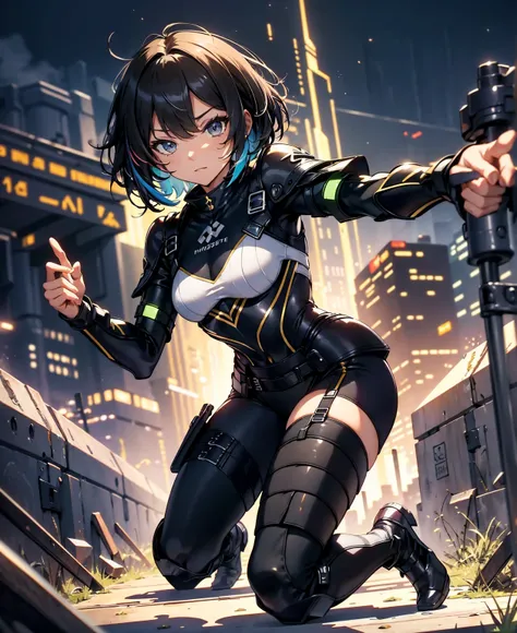 best quality，T Masterpiece，ultimate resolution，fluff，very colorful，colorful，female combatant，（Kneeling Pose）（pointing at you with his butt）mature woman，Black Super Short Hair，tight combat uniform，tight suit，Steel City Background，the night，normal posture，no...