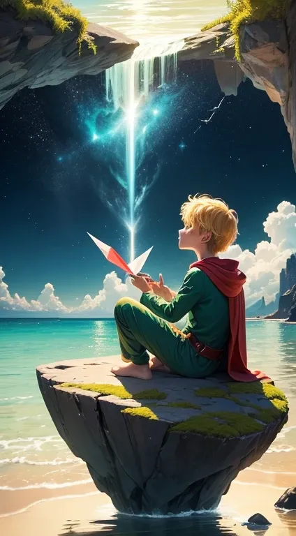 Create an image that captures the essence of a connection between childhood and adulthood. He should represent a child sitting on a rock watching the horizon, there are many stars in the sky A child in (green pajamas), (red cape), (blond hair) and a small ...