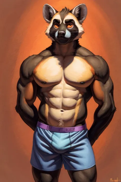 Solo, Furry, Anthro, Lemur, Male, E621, Standing, Wearing Boxer Shorts, Muscular Body, Front view, Hands behind back, Simple image background, by meesh
