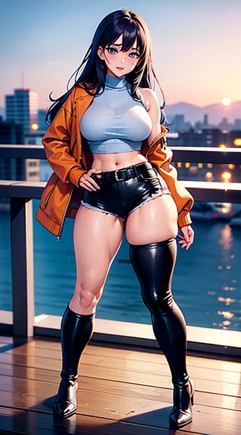 1990s anime, (masterpiece), high-definition, orgasm face, korean girl, big , big hips, messy dark purple hair, orange eyes, crop top sweater, jacket, shorts, belt, thong, thigh high stockings, boots, fishnet, balcony, leaning on the railing, sunset