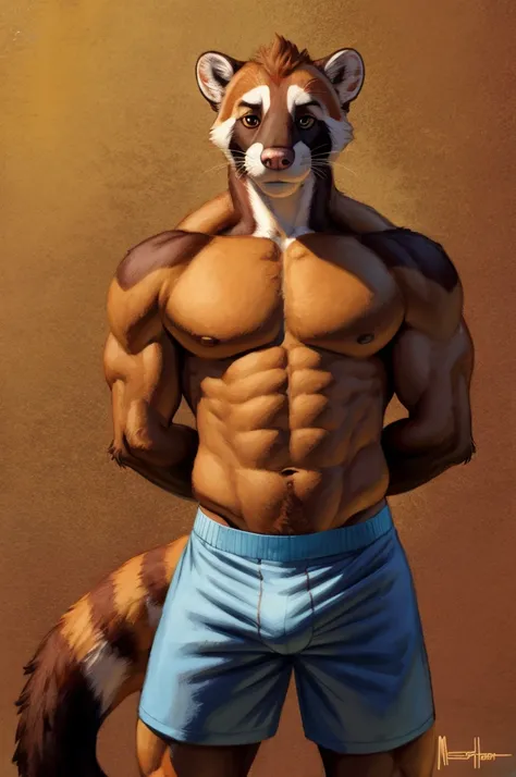 Solo, Furry, Anthro, Coati, Male, E621, Standing, Wearing Boxer Shorts, Muscular Body, Front view, Hands behind back, Simple image background, by meesh
