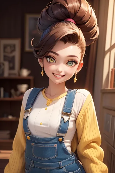 (masterpiece, exquisite beautiful eyes: 1.5), masterpiece ,1 girl,cute girl,(yellow eyes:1.2),small breasts,overalls,grin、(pompadour)