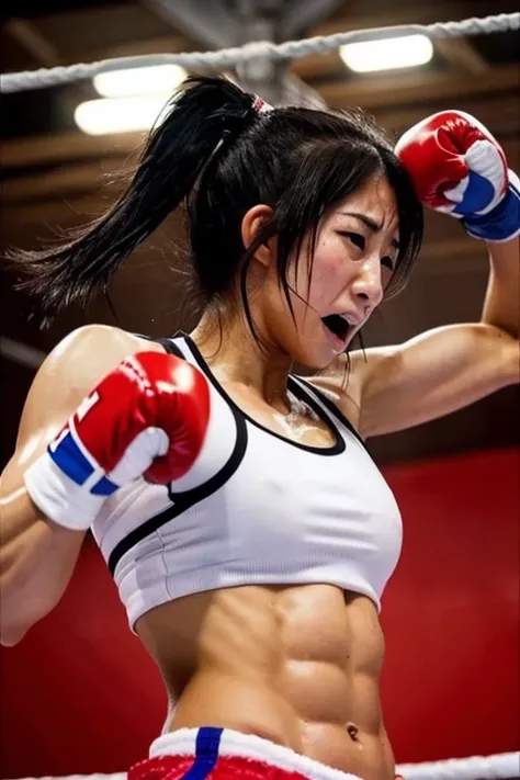 Young Japanese female mixed martial artist。muscle。six pack abs。Being punched in the belly。Match in the ring。drenched in sweat。Painful expression。