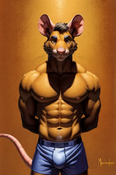 Solo, Furry, Anthro, Rat, Male, E621, Standing, Wearing Boxer Shorts, Muscular Body, Front view, Hands behind back, Simple image background, by meesh
