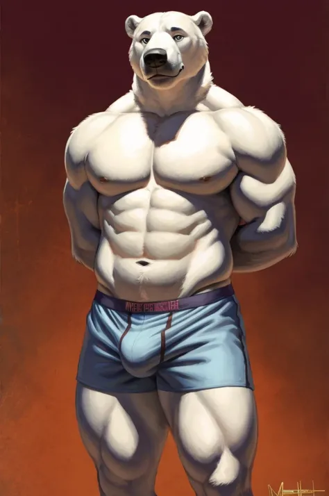 Solo, Furry, Anthro, Polar Bear, Male, E621, Standing, Wearing Boxer Shorts, Muscular Body, Front view, Hands behind back, Simple image background, by meesh
