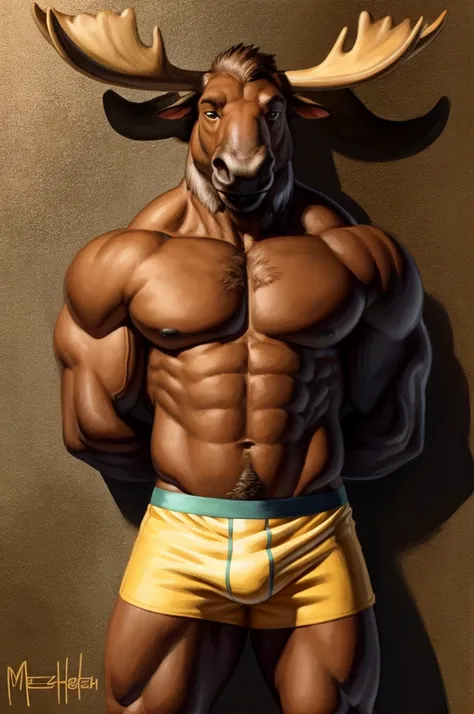 Solo, Furry, Anthro, Moose, Male, E621, Standing, Wearing Boxer Shorts, Muscular Body, Front view, Hands behind back, Simple image background, by meesh
