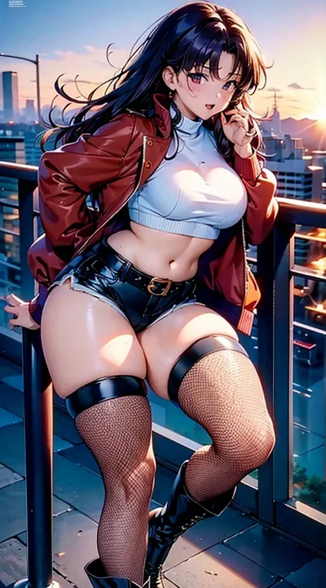 1990s anime, (masterpiece), high-definition, orgasm face, korean girl, big  , big hips, messy dark purple hair, orange eyes, crop top sweater, jacket, shorts, belt, thong, thigh high stockings, boots, fishnet, balcony, leaning on the railing, right hand on...