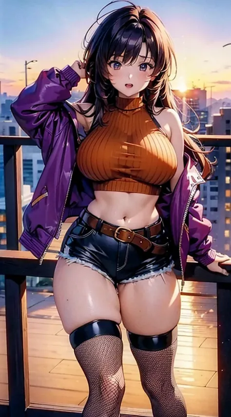 1990s anime, (masterpiece), high-definition, orgasm face, korean girl, big  , big hips, messy dark purple hair, orange eyes, crop top sweater, jacket, shorts, belt, thong, thigh high stockings, boots, fishnet, balcony, leaning on the railing, right hand gr...