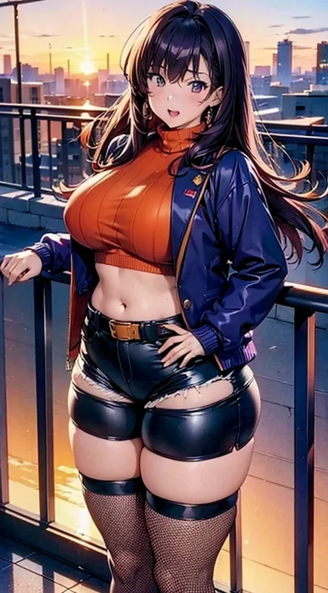 1990s anime, (masterpiece), high-definition, orgasm face, korean girl, big  , big hips, messy dark purple hair, orange eyes, crop top sweater, jacket, shorts, belt, thong, thigh high stockings, boots, fishnet, balcony, leaning on the railing, messenger bag...