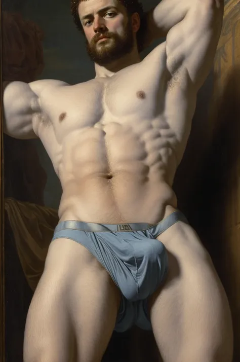 Full body, portrait, oil painting, style of Peter Paul Rubens, ((a Male gladiator, chest, abs, slim waist)) handsome man , ((Briefs, Bulge)) vpl, classic painting,  renaissance style, perfect composition, canvas texture,