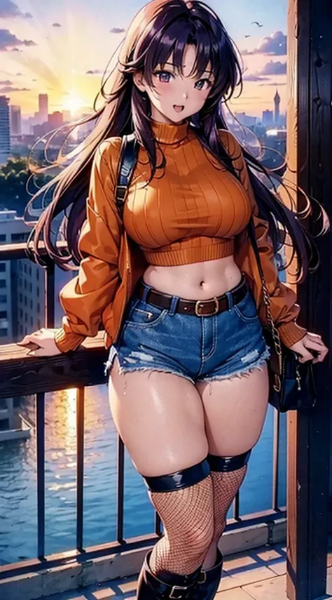 1990s anime, (masterpiece), high-definition, orgasm face, korean girl, big  , big hips, messy dark purple hair, orange eyes, crop top sweater, jacket, shorts, belt, (thong), thigh high stockings, boots, fishnet, balcony, leaning on the railing, (messenger ...