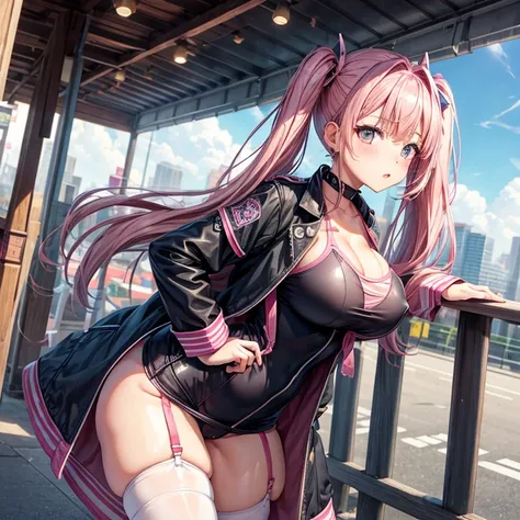 highest quality, masterpiece, pink hair、twin tails、big breasts、tits、swimsuit、exposed、Slut、Thighhighs、long coat、forward leaning posture、city、In town、In front of the station