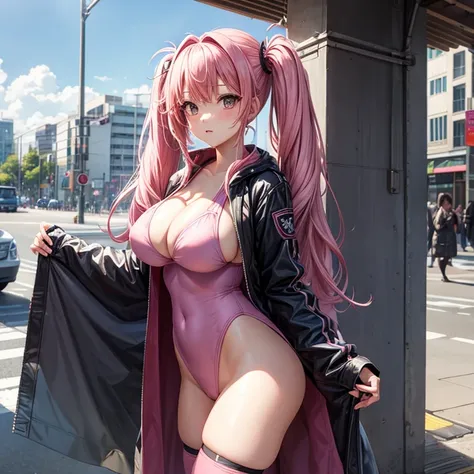 highest quality, masterpiece, pink hair、twin tails、big breasts、tits、swimsuit、exposed、Slut、Thighhighs、long coat、forward leaning posture、city、In town、In front of the station