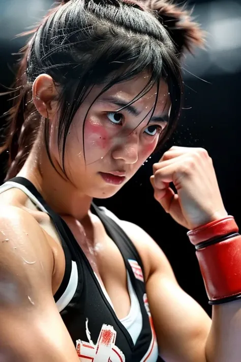 A young Japanese female mixed martial artist who challenged a female champion. She is sweating, bruised, and struggling in the match. She is anxious about the champions strength.