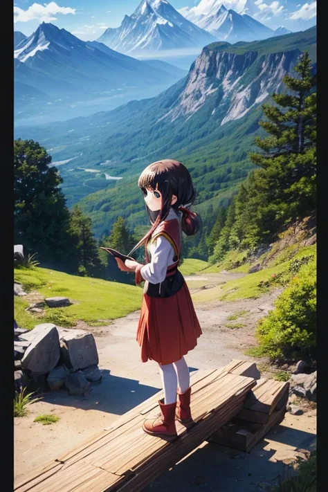 Cartoon character standing on wooden floor in front of mountain, leaflet anime style, leaflet, popular Different world anime, Sao style anime, aromatic, Different world, Still from TV animation, megumin from leaflet, anime screenshot, Anime screenshots, an...