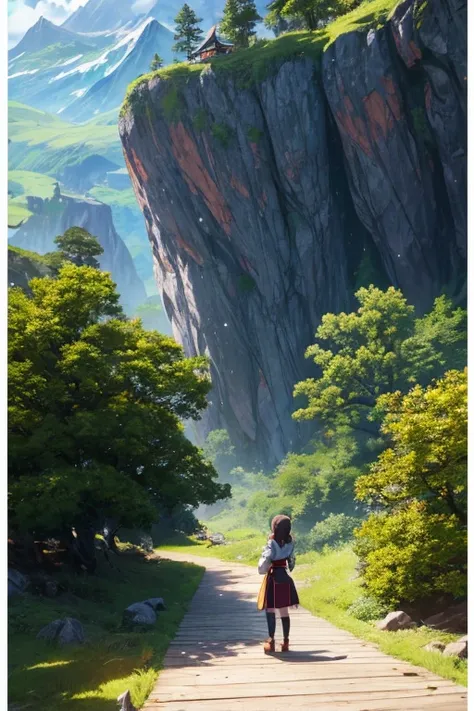 anime character standing on wooden floor in front of a mountain, anime style, foliage, popular isekai anime, SAO style anime, aromatic, isekai, still from anime series, Megumin from Konosuba, anime screenshot, anime screen capture, anime scene, anime movie...