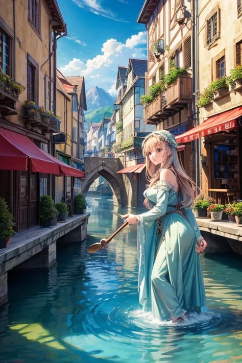 (best quality,4k,8k,highres,masterpiece:1.2),ultra-detailed,(realistic,photorealistic,photo-realistic:1.37),beautiful detailed eyes,beautiful detailed lips,extremely detailed eyes and face,longeyelashes,a girl,a town,a fountain,mountains,cartoonish,small t...