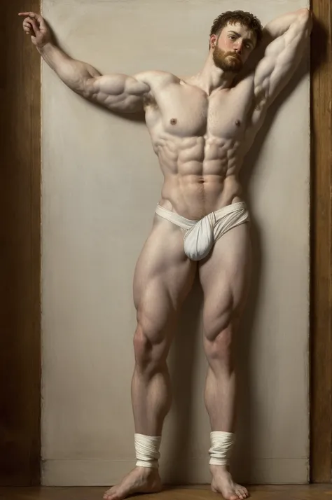 Full body, portrait, oil painting, standing pose, style of Peter Paul Rubens, ((a Male gladiator, chest, abs, slim waist)) handsome man , standing, vpl, flexing, navel, shirtless, white underwear, full body shot classic painting,  renaissance style, perfec...