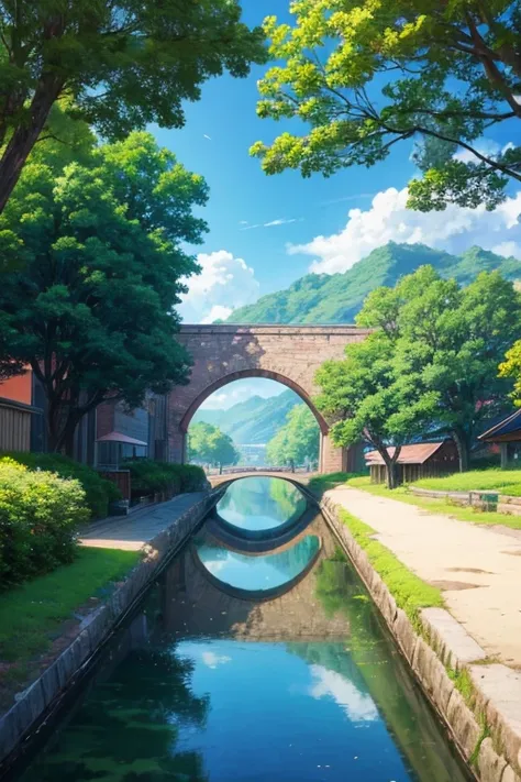 Animated scene of a small town with a river bridge, anime rural scenery, beautiful anime scenes, anime background艺术, screenshot of animation, anime scenery概念艺术, Anime beautiful peaceful scene, beautiful anime scenery, art style of rune factory 5, anime sce...