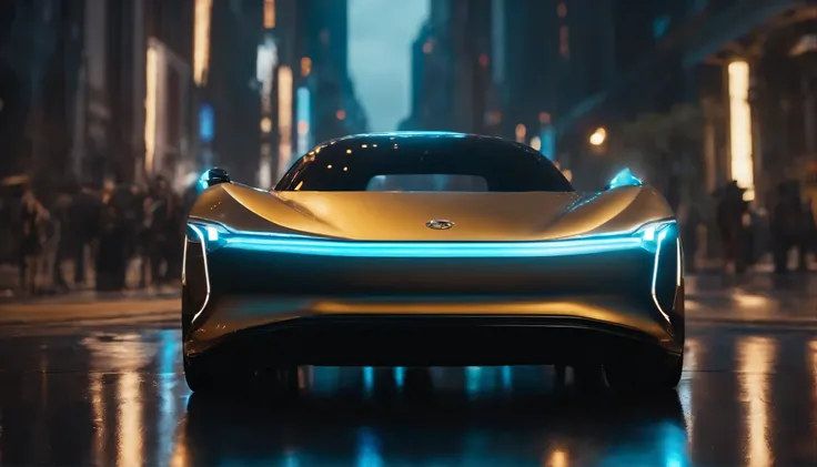 (masterpiece),Ominous futuristic car EV Designs takes center stage, Wet reflective pavement, iridescent paint, fast spinning rims, glowing rims, View from the front, Futuristic city background, prime time, [Cyberpunk Night City:1.3], 8K DSLR, Sharp, tack s...