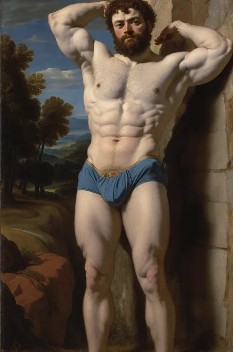 oil painting, full body, style of Peter Paul Rubens, a Male satyr gladiator, chest, abs, slim waist, hairy , standing vpl, flexing, navel, shirtless, underwear, full body shot classic painting, renaissance style, perfect composition, canvas texture,, renai...