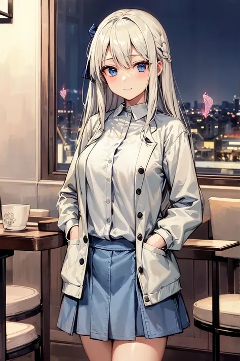 Masterpiece to the smallest detail、top-quality、girl with、19 age、160cm  beautiful girl、B cup breast, a baby face、platinum hair color、white hair, long hairstyle, Gradient bob in the forward、Blue eyes、Tall, big eyes、Outstanding looks、A lovely child、proximity、...