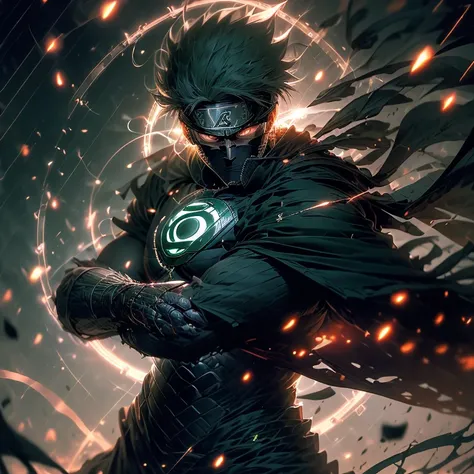 Masterpiece, Best Quality: A captivating image of Green Lantern Ronin Samurai. His emerald green lantern gleaming in the dark, intricately detailed with ultra-fine engravings. The samurai armor is a harmonious blend of Japanese traditions and Green Lantern...