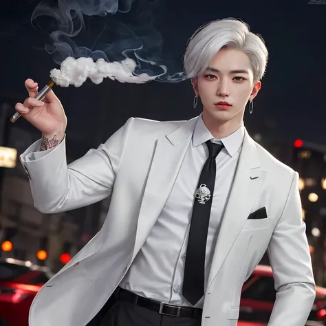 (8k photo, best quality, masterpiece:1.2),(realistic, photo-realistic:1.37) young ,handsome man, Mark Tuan, Got7, white skin, detail face, grey bright eye, white hair, black suit, bad boy, yakuza, tattoo, smoke cigarrate, a lots gangster night town in back...