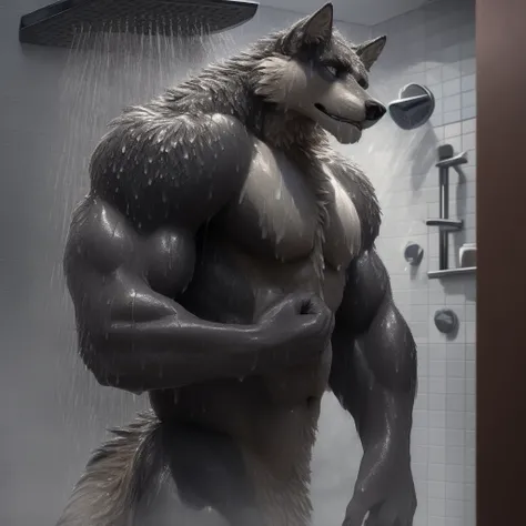 furry bara, very handsome strong and manly brownish bodybuilder canine standing below shower and washing his body with water dripping from his body and wet hair, very dynamic (erotic) shower scene, very detailed wet fur, very detailed exhausted canine face...