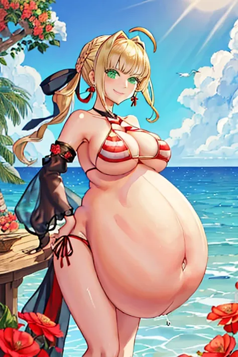 best quality, masterpiece, highres, solo, {nero_claudius_fgo:1.15}, blonde_hair, ahoge, green_eyes, hair_intakes, breasts, bangs, smile, large_breasts, blush, cleavage, braid, hair_between_eyes, long_hair, 1girl, bare_shoulders, bikini, blue_sky, closed_mo...