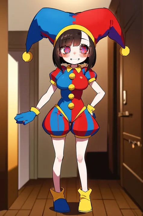 1girl, solo, indoors, full body, standing, smile, pomni, multicolored clothes, jester cap, puffy short sleeves, gloves, buttons,...