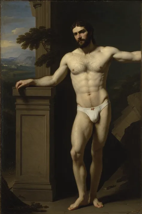 oil painting, masterpiece, full body, full body, oil Painting, portrait charismatic and ((one hairy masculine hunter)), tall, slim, smooth muscle, (((white briefs, bulge))), body hair:: ruins background, perfect eye chiaroscuro mood, oil painting, classic ...