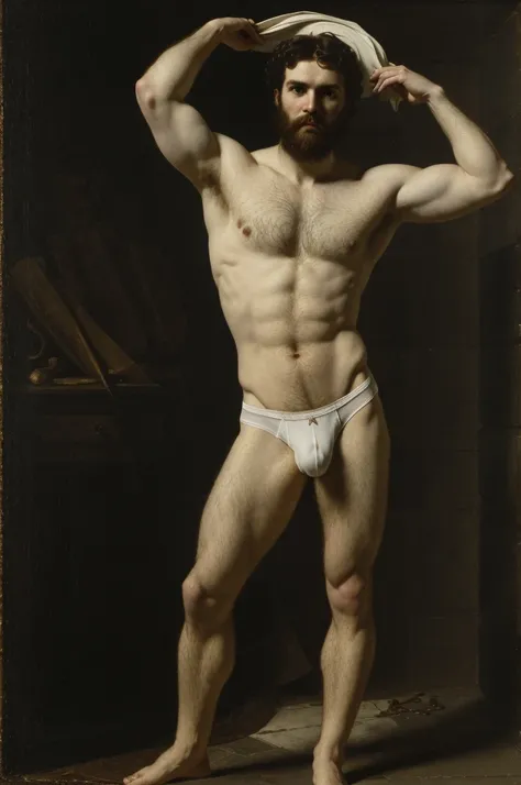 oil painting, masterpiece, full body, full body, oil Painting, portrait charismatic and ((one hairy masculine hunter)), tall, slim, smooth muscle, (((white briefs, bulge))), body hair:: ruins background, perfect eye chiaroscuro mood, oil painting, classic ...