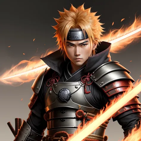 A captivating close-up portrait of Uzumaki Naruto, transformed into a Ronin Samurai, with unkempt sun-kissed hair, stern expression, and piercing eyes that exude a determined spirit. He wears traditional Japanese armor, adorned with intricate patterns and ...