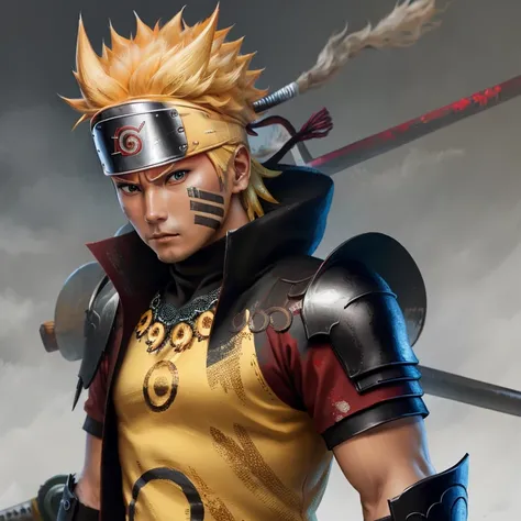 A captivating close-up portrait of Uzumaki Naruto, transformed into a Ronin Samurai, with unkempt sun-kissed hair, stern expression, and piercing eyes that exude a determined spirit. He wears traditional Japanese armor, adorned with intricate patterns and ...